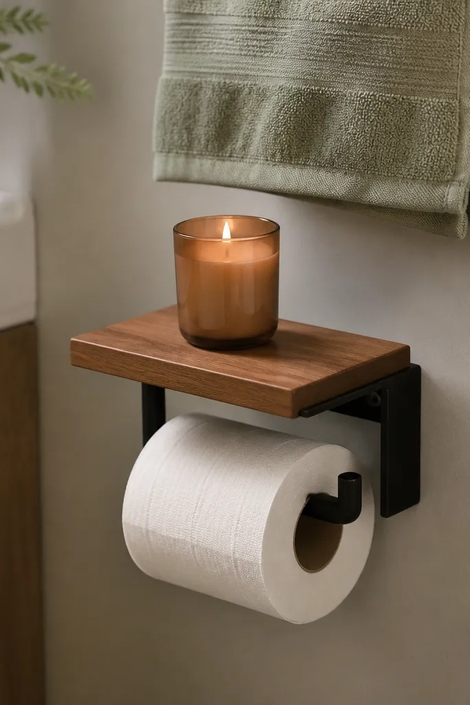 A toilet paper holder with a small top shelf holding a cedar-colored glass candle, with a sage towel folded on the wall behind.