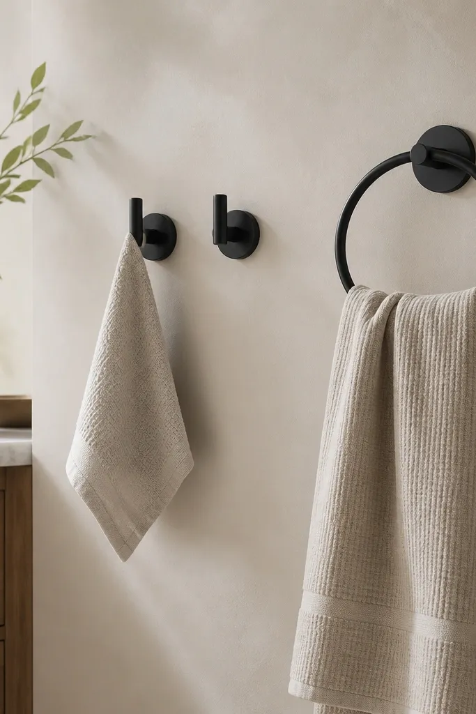 Two matte black hooks sit on the wall beside a matte black towel ring. A hand towel hangs neatly on the ring, and a small washcloth hangs on one hook.