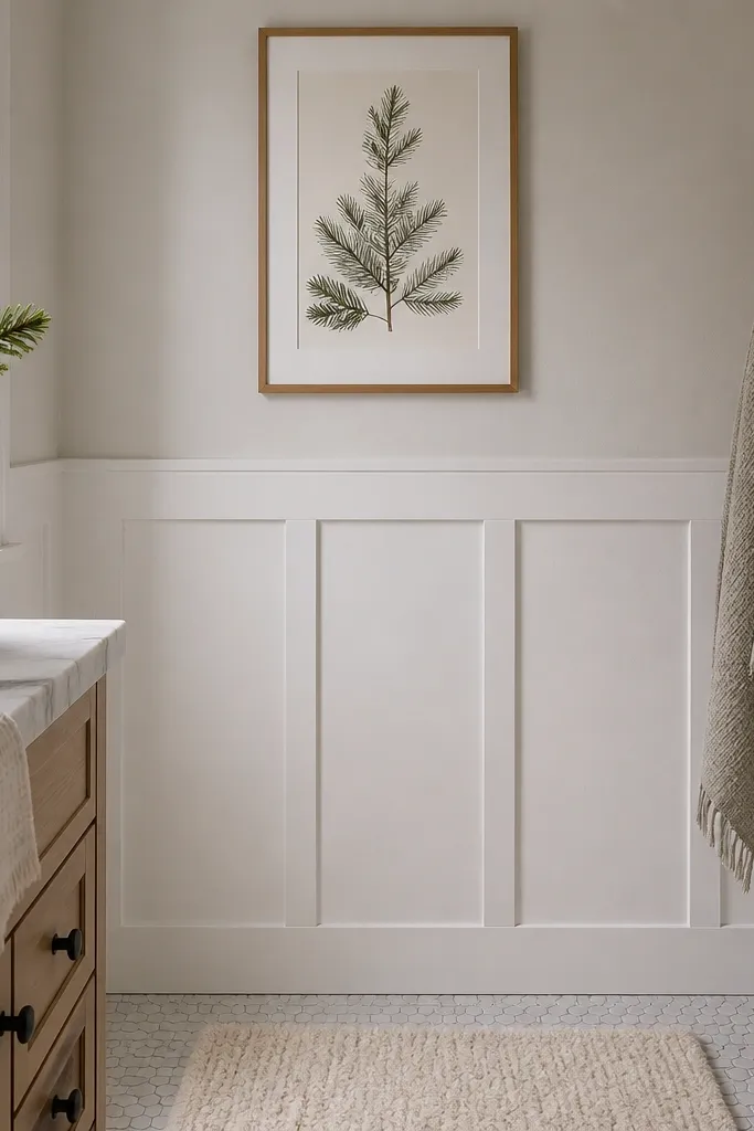 A small bathroom wall with peel-and-stick trim creating a simple wainscot look in white, with an evergreen botanical print hung in the upper section and a cream bath mat below.