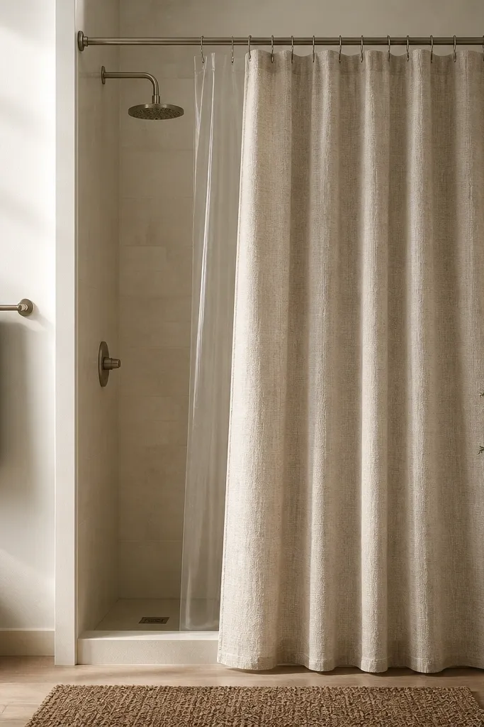 A shower area where a linen-look outer curtain hangs freely with a matching clear liner behind it, plus a small evergreen hand towel on the rail.