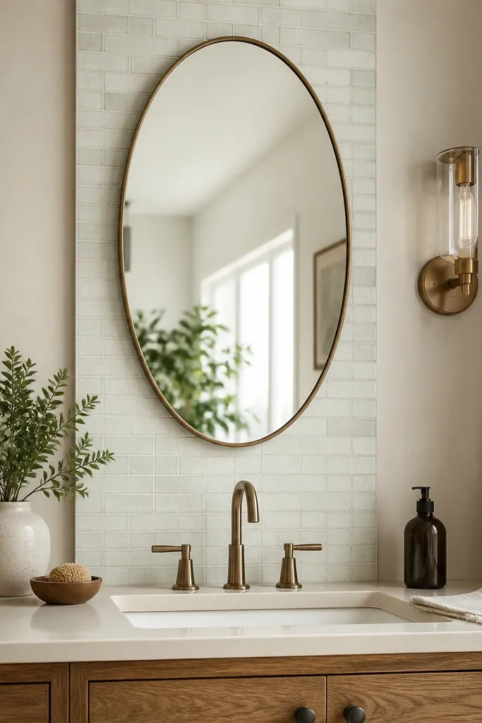 A narrow vertical strip of peel-and-stick tile runs behind the sink, featuring small off-white tiles with a subtle green tint. The sink counter is cream, and the mirror is oval.