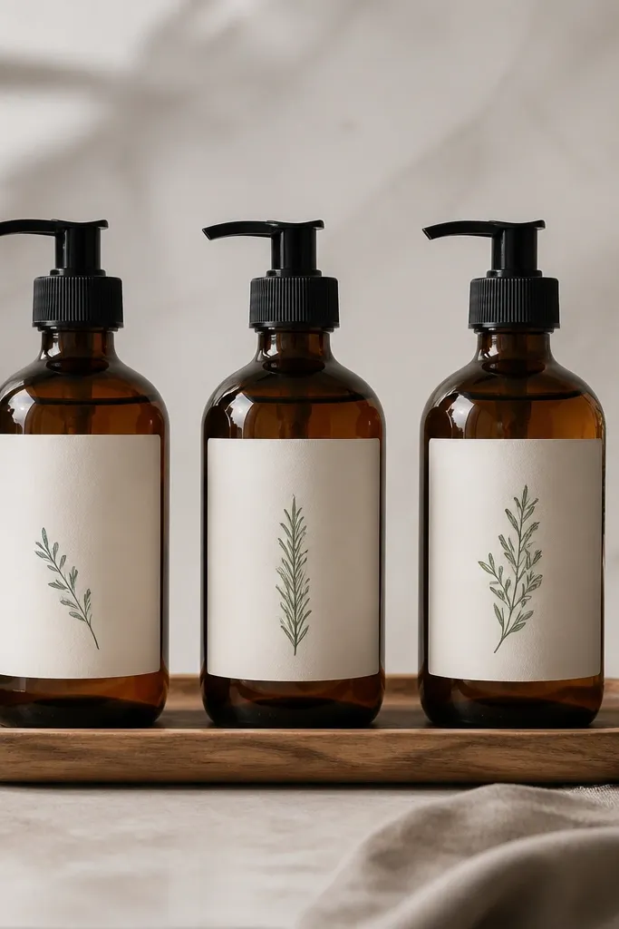 Three matching pump bottles on a tray with cream label stickers and evergreen handwriting-style text, with a small rosemary sprig in a tiny vase on the side.