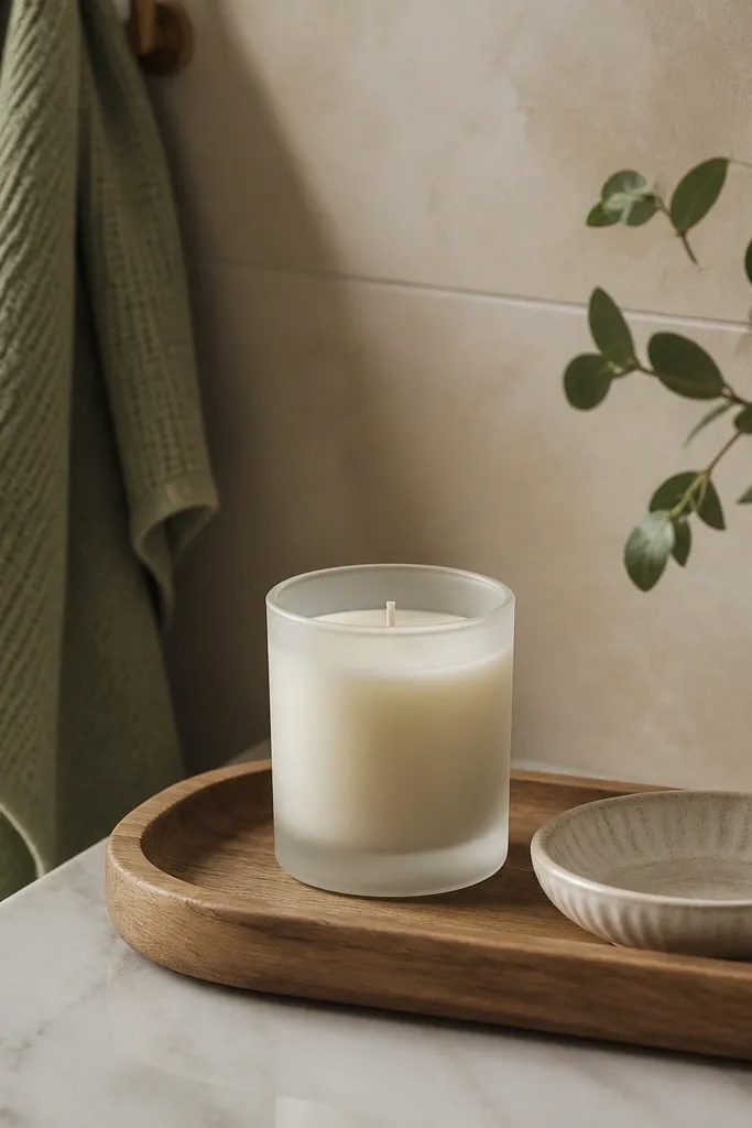 A small frosted glass candle sits on a wooden tray. The candle label is minimal. Beside it is a small ceramic dish. A green towel hangs on a nearby hook.