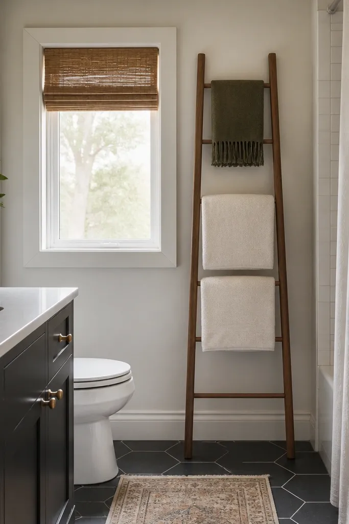 A narrow vertical towel ladder leaning against the wall with two folded towels, plus a small folded evergreen throw over the top rung in a small full bathroom.