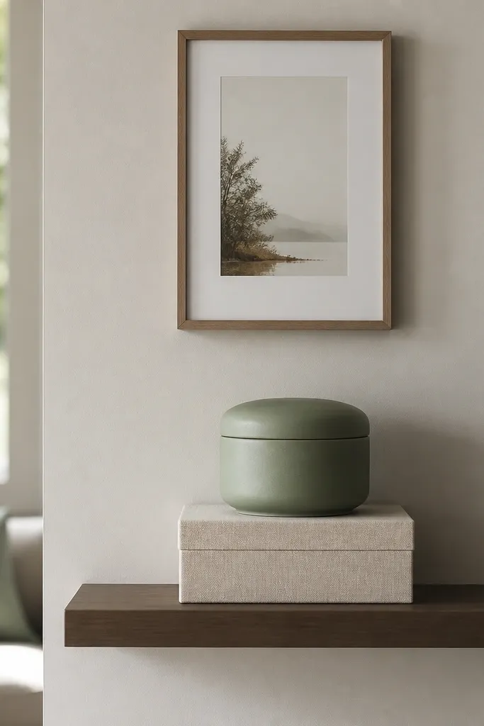 A narrow floating shelf holds a two-toned stack: a cream linen box on the bottom and a sage ceramic container on top. A small framed print hangs above.