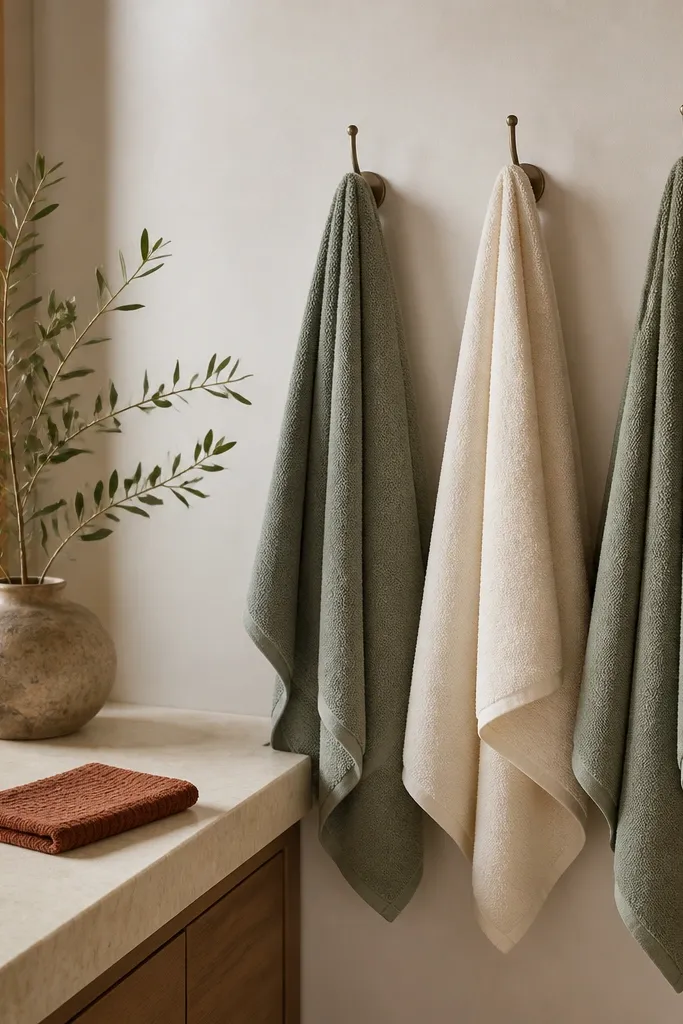 A set of towels hangs on hooks: two sage towels and one cream towel. A small rust-colored washcloth is folded on the counter.