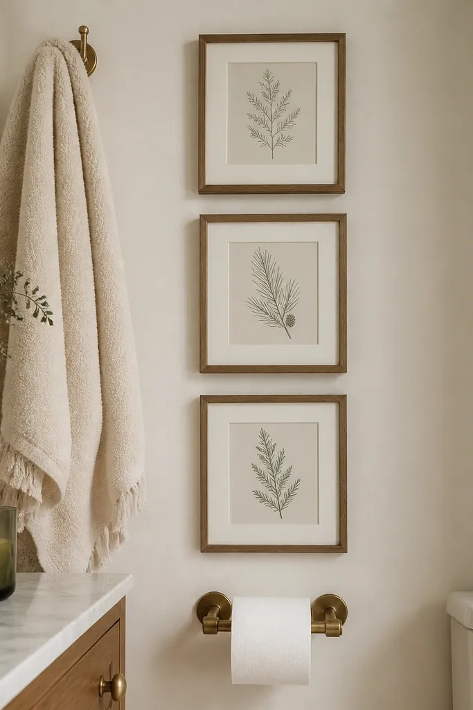 Three small frames with muted evergreen botanical line drawings arranged in a tight grid above a toilet paper holder, with cream towels and a green candle nearby.