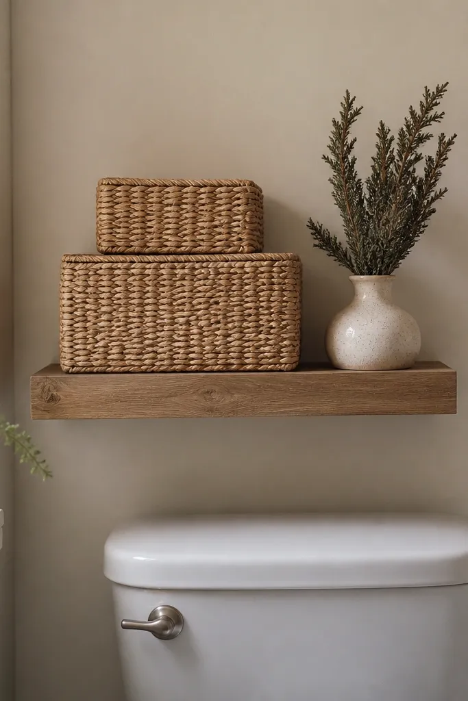 A narrow floating shelf above the toilet with one large basket on the bottom and one smaller basket on top, plus a small vase with dried evergreen stems on the right end.