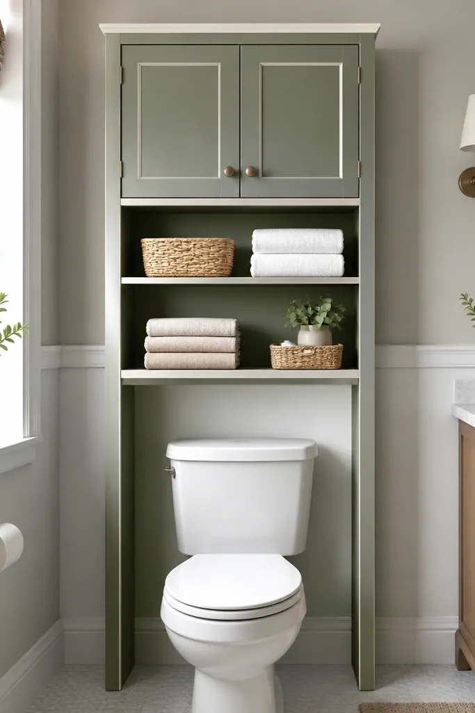 A slim cabinet sits over the toilet. The cabinet is painted muted green with white trim edges. Shelves inside hold folded towels and small baskets.