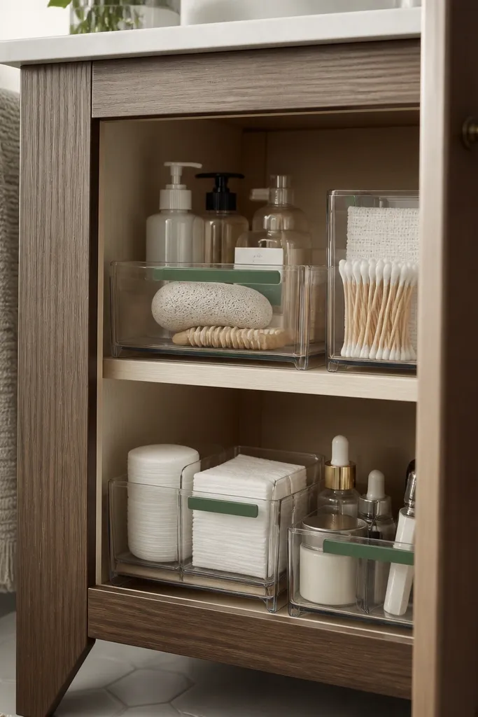 Inside a small bathroom vanity cabinet, clear organizers with evergreen label strips on the edges, visible through a slightly open cabinet door.