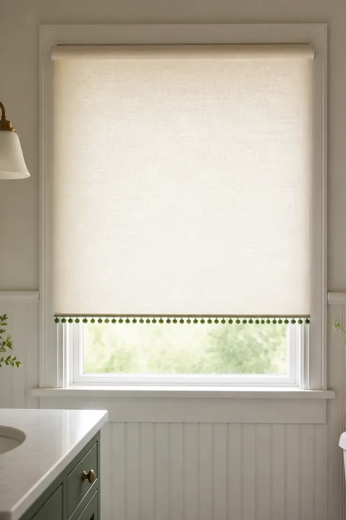 A warm white roller shade covers a small bathroom window. Along the bottom edge is a tiny green pom trim. The shade fabric looks textured and matte.