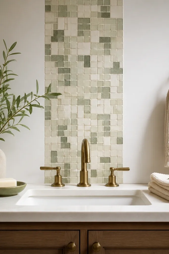 A narrow vertical strip of peel-and-stick tile in warm cream and subtle green mosaic behind the sink, with a small evergreen soap dish and cream towels.