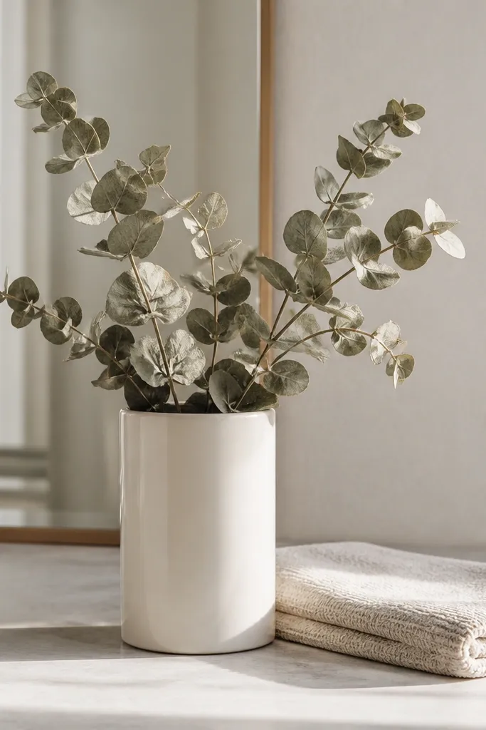 A white ceramic cylinder vase holds a small bundle of dried eucalyptus stems. The stems are muted green-gray and slightly dusty. A small towel is folded next to it.