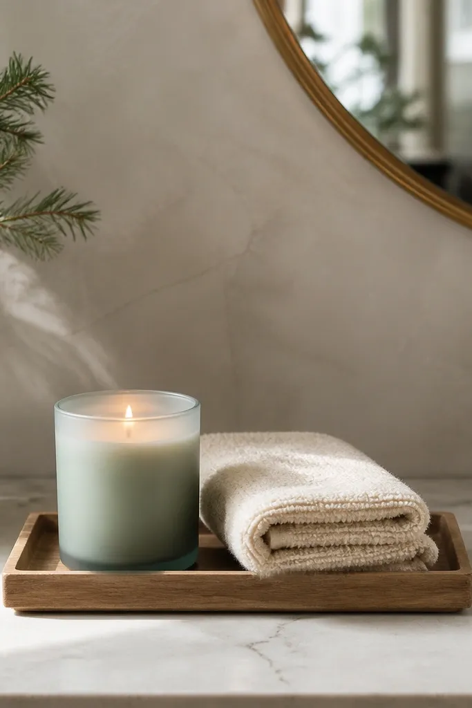 A small matchstick-style tray on the counter holding one evergreen-scent candle in a frosted jar, with a cream hand towel folded beside it.