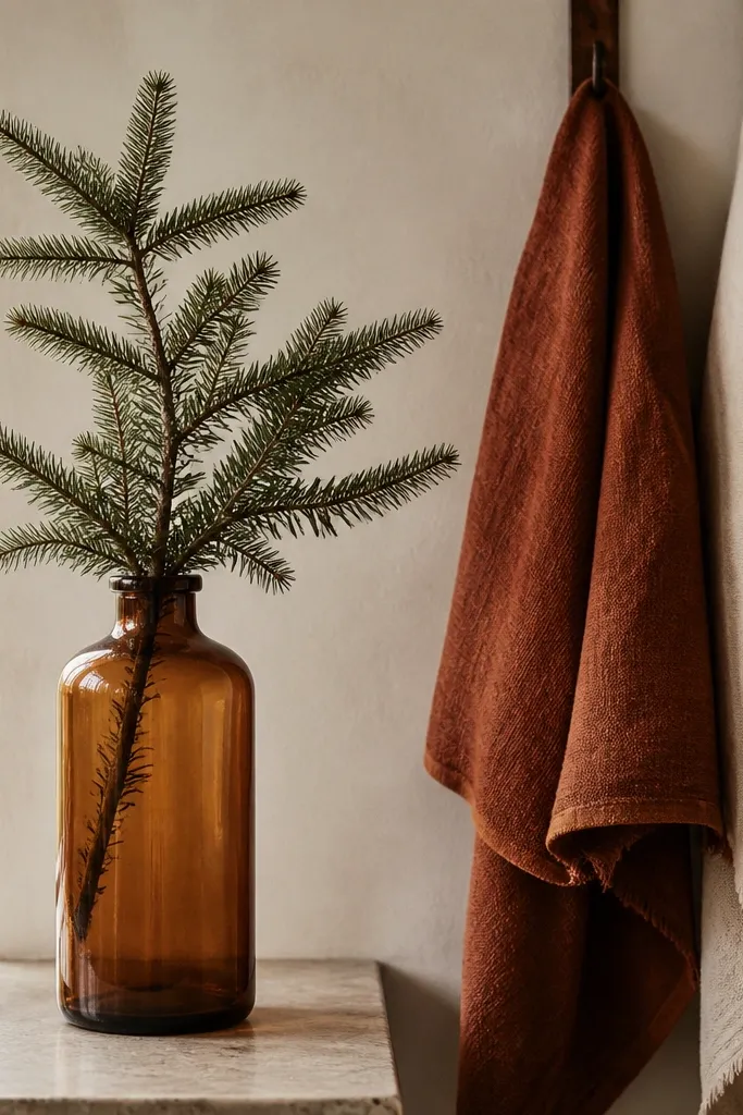 An amber glass bottle sits on the counter with a small evergreen branch inside. The bottle has warm tones and looks slightly smoky. A rust and cream towel hang on hooks nearby.
