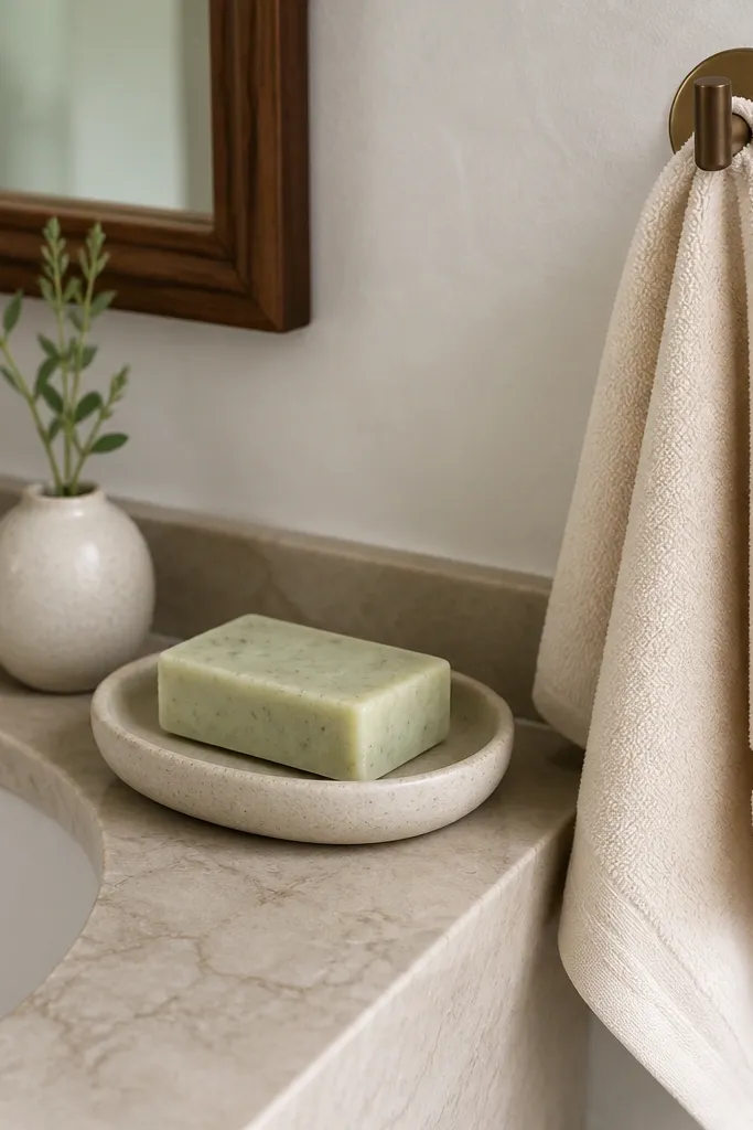 A matte ceramic soap dish sits at the edge of a small sink. The soap bar is pale green with subtle speckling. A folded cream hand towel is on a nearby hook.