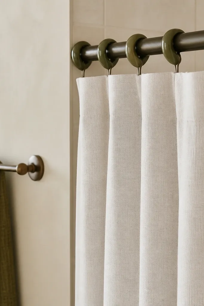 Close view of a shower rod with olive decorative curtain rings holding a white linen-look shower curtain, with an olive towel hanging on a nearby bar.