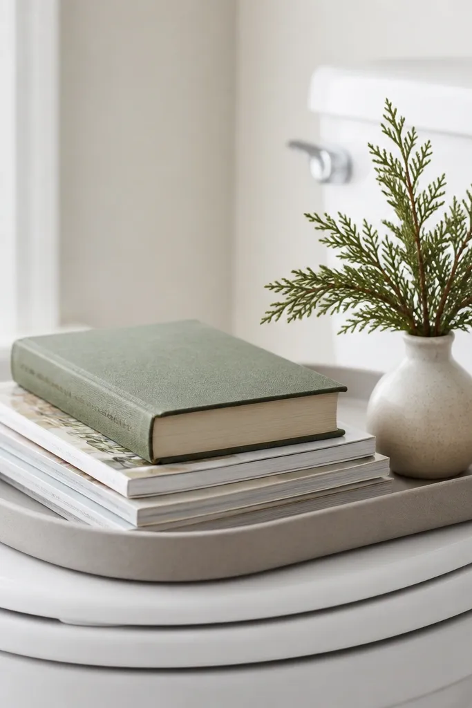 A small toilet lid tray with a folded stack of magazines and one hardcover book with a green spine, plus a small evergreen sprig in a tiny vase on the tray.