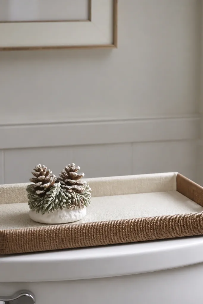 A shallow tray sits on top of a toilet tank. The tray has a neutral fabric liner in cream. On the tray is one small ceramic piece - a pinecone cluster in winter.