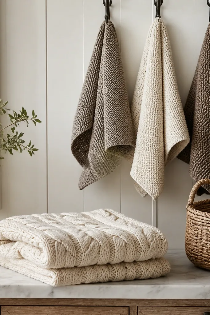 A few knit hand towels hang on hooks. On the counter, a small folded knit throw in cream sits beside a woven basket. The throw has visible cable texture.