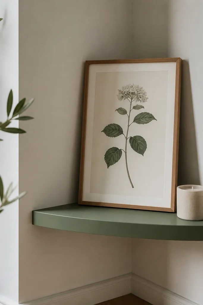 A small corner shelf is painted matte green. On it sits a single framed botanical print in a thin wood frame. A small neutral candle sits on the floor shelf edge.