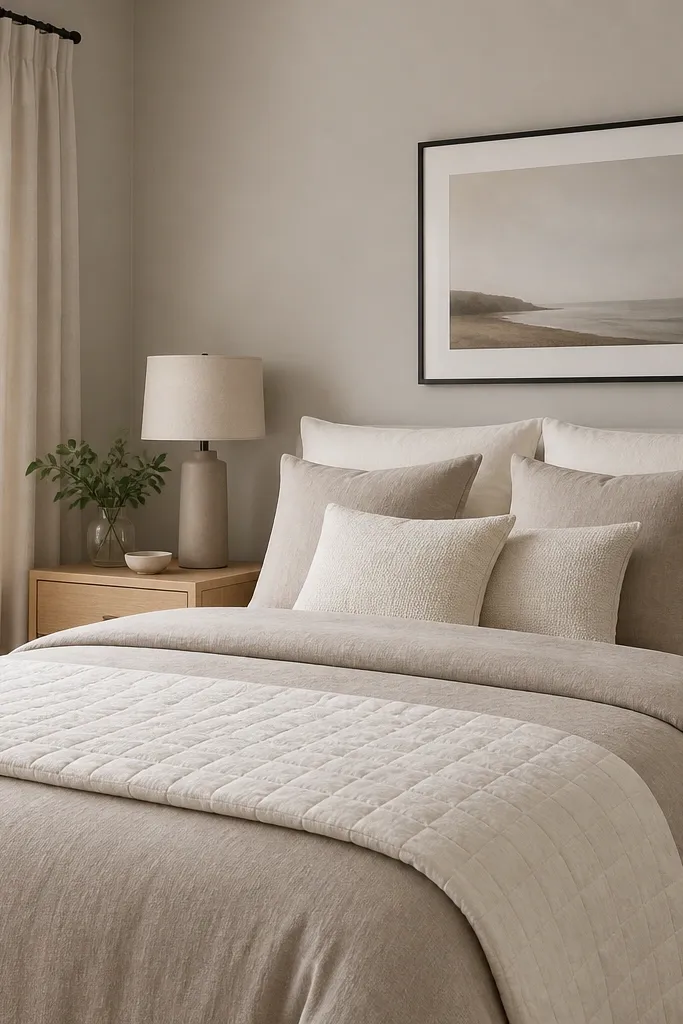 A queen bed with a warm greige linen-look duvet, an off-white quilted throw at the foot, two larger square pillows in sand and oatmeal, and two smaller Euro pillows in pale cream; a light oak nightstand holds a beige drum lamp; walls are painted soft greige; a slim black-framed print hangs above the bed.