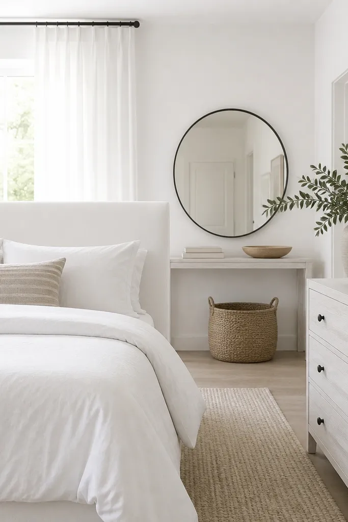 A bright white bedroom with a white upholstered headboard, crisp white bedding, one taupe striped cushion on the bed, sheer white curtains over a rod near the ceiling, and a taupe woven basket on the floor; a whitewashed dresser with black knobs; a large round mirror above a narrow console.