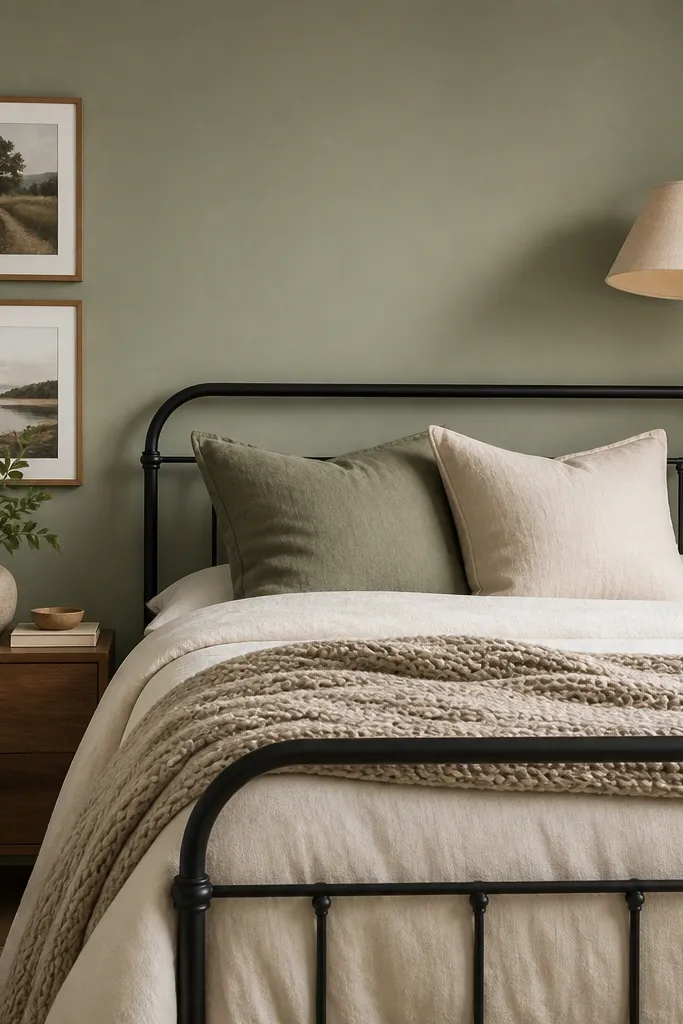 A bedroom with a soft sage painted wall behind the bed, a black metal bed frame, an ivory duvet, a chunky knit throw in oatmeal, two pillows in sage and cream, a warm walnut nightstand, and a black floor lamp with a linen shade; a small gallery of two framed photos hangs to the left of the headboard.