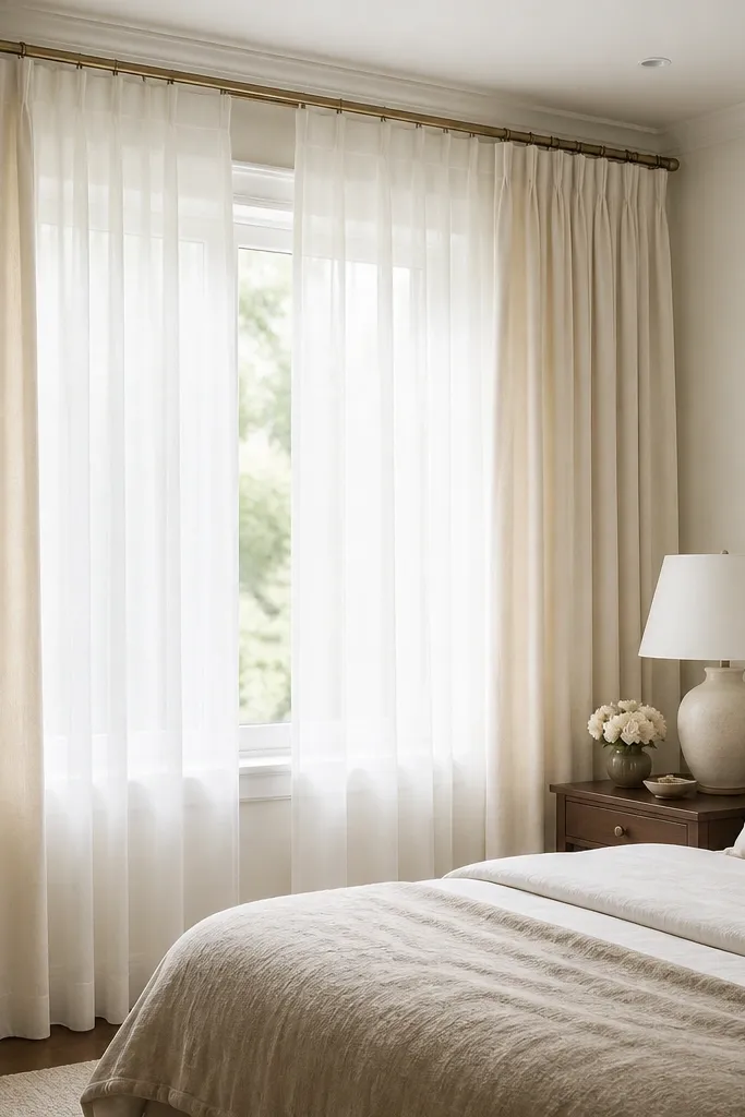 A bedroom window with layered curtains: sheer white panels in front and heavier off-white drapes behind, with the rod mounted near the ceiling; the bed sits nearby with neutral bedding; a small nightstand holds a lamp with a white shade; the wall is painted warm white.