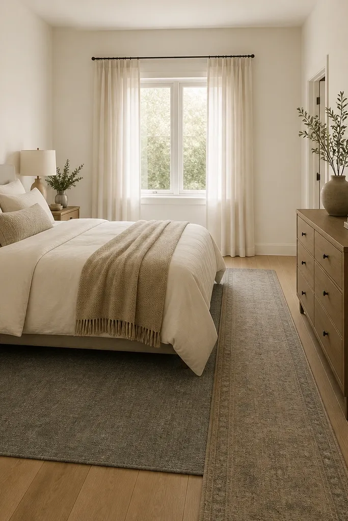 A compact bedroom with a medium gray low-pile rug under a bed; the bed is centered on the rug, bedside table is narrow, and a dresser sits on the wall; a long runner rug extends toward the door; bedding is cream with a beige throw; walls are light warm white.