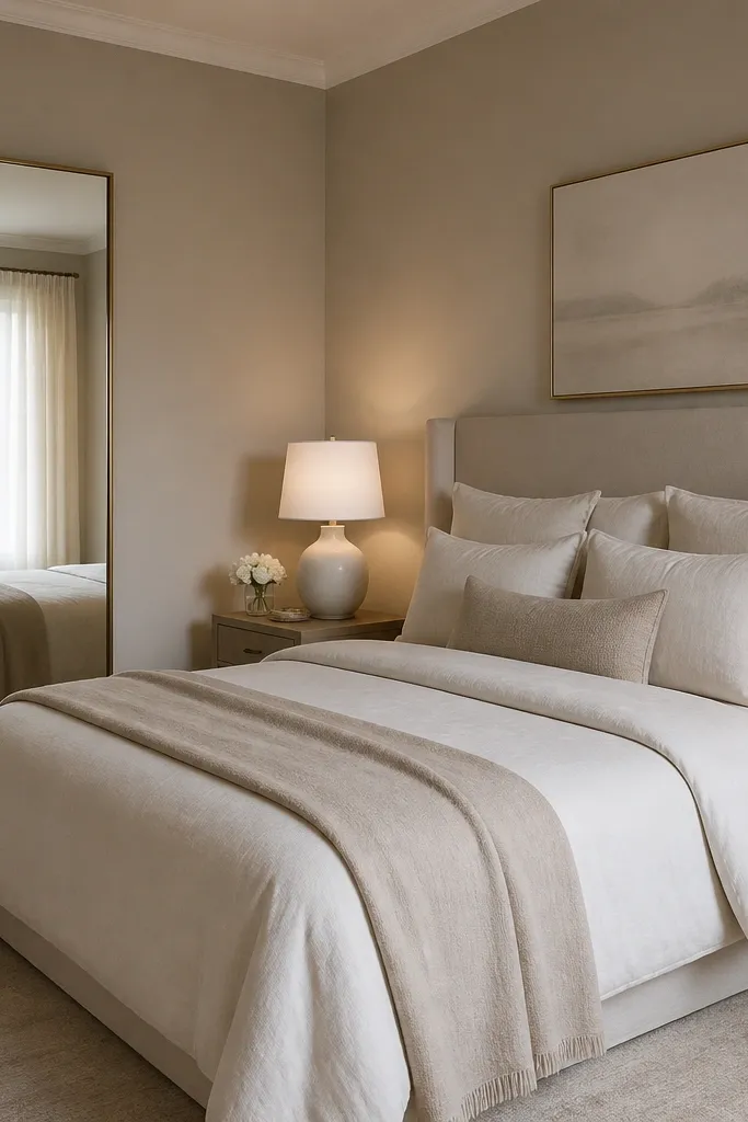 A bedroom with a large vertical mirror on the side wall near the foot of the bed, a matching pair of bedside lamps with white shades, a simple upholstered headboard, and a soft neutral bedding set; the mirror reflects a window glow.