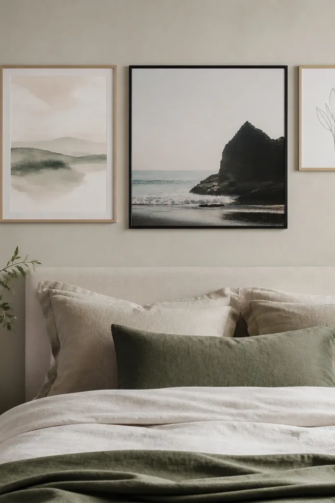 A bedroom wall with three frames in a horizontal line above the bed: left is a soft watercolor print, middle is a large photo in a thin black frame, right is a small line-art print; all frames share the same top alignment and sit above a simple headboard.