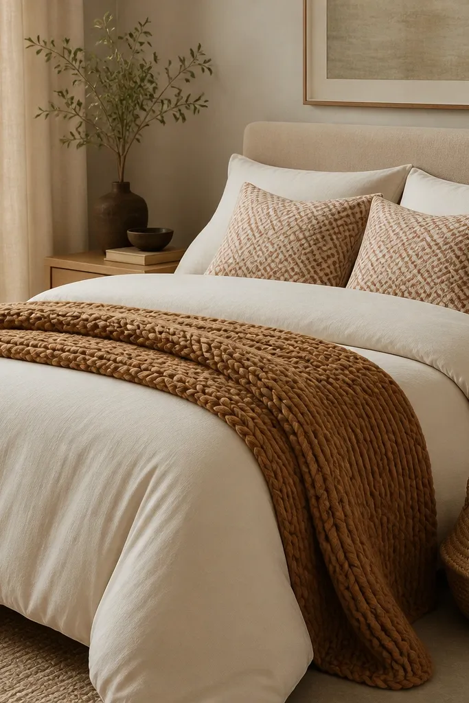 A bed with a smooth cream duvet, a chunky knit throw in warm camel draped over the foot, two patterned pillows with small geometric prints in beige and muted rust, and two plain pillows in ivory; a woven basket sits on the floor near the bed.