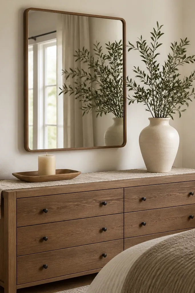 A low dresser against a wall with a simple framed mirror above it, a tall ceramic vase with faux olive branches placed on the right, a small tray with a candle on the left, and a folded runner in neutral stripes; the bedroom wall is warm white.