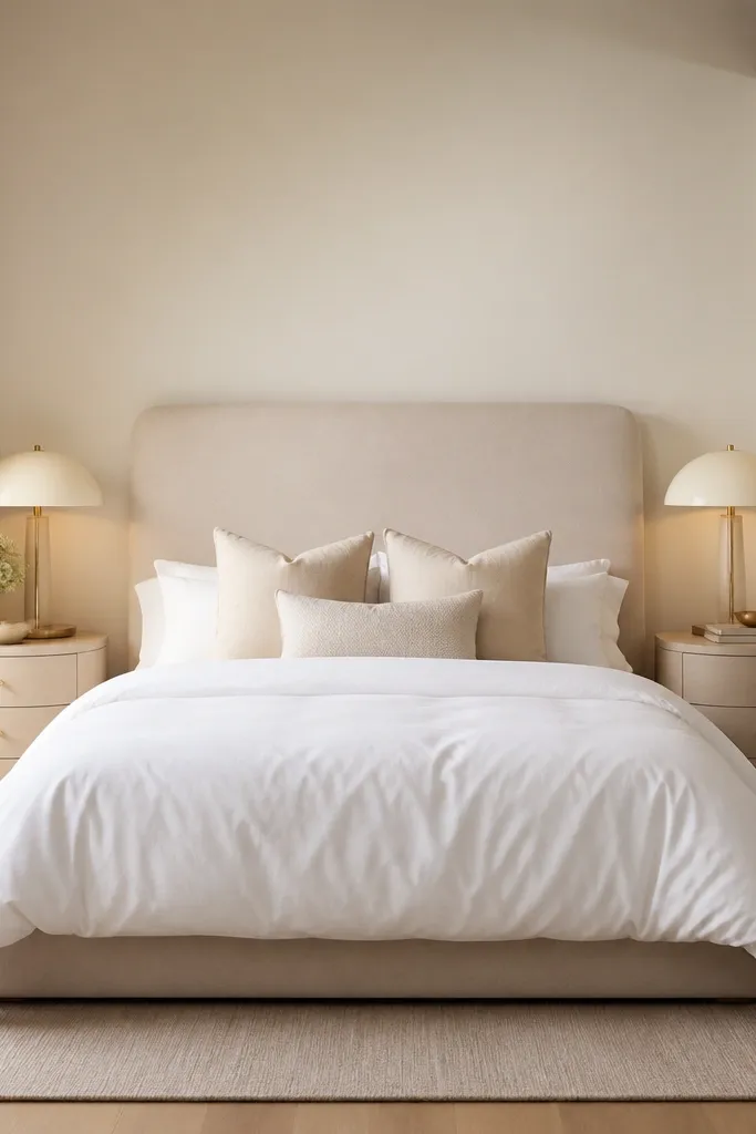 A bedroom with a light beige upholstered headboard, two matching rounded nightstands, a pair of identical lamps, a white duvet, and a small pile of pillows in beige and cream; the wall behind the bed is painted warm white; a thin rug is placed under the bed area.