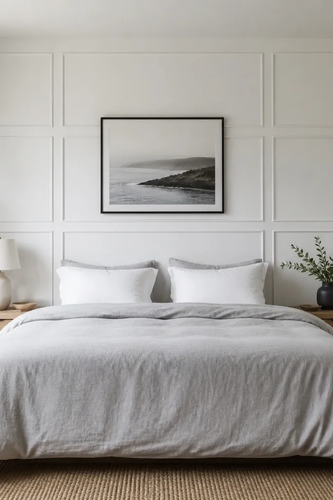 A bedroom with a white wall behind the bed featuring peel-and-stick molding panel strips in a grid pattern; the bed has a light gray duvet and white pillows; a slim black frame hangs centered; the rest of the room is plain warm white.