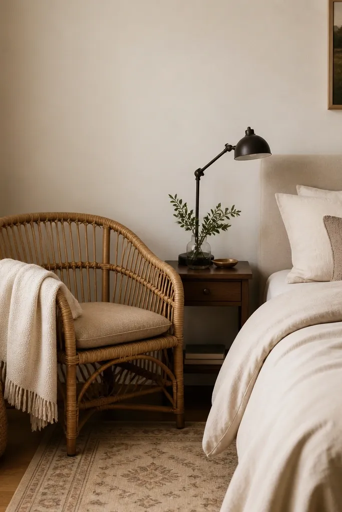 A bedroom corner with a small rattan accent chair beside the bed, a cream throw draped over the chair arm, a woven basket on the floor next to it, and a small side table with a reading lamp; bedding is neutral; walls are warm white.