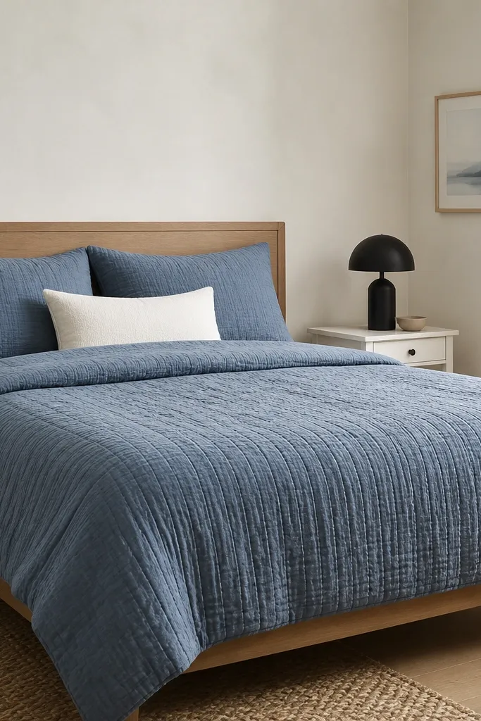 A bed dressed in one color family: a dusty blue quilt, matching pillow covers, and a single white accent pillow; the bed frame is simple wood; walls are light warm white; a small white nightstand holds a matte black lamp.