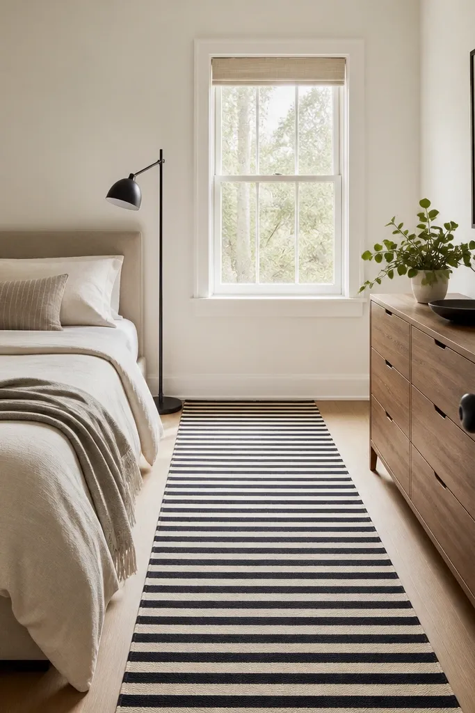 A bedroom with a simple bed and neutral bedding; a black-and-white striped runner rug extends from the foot of the bed toward the door; the wall is warm white; a black floor lamp stands on the side; a small plant sits on a dresser.