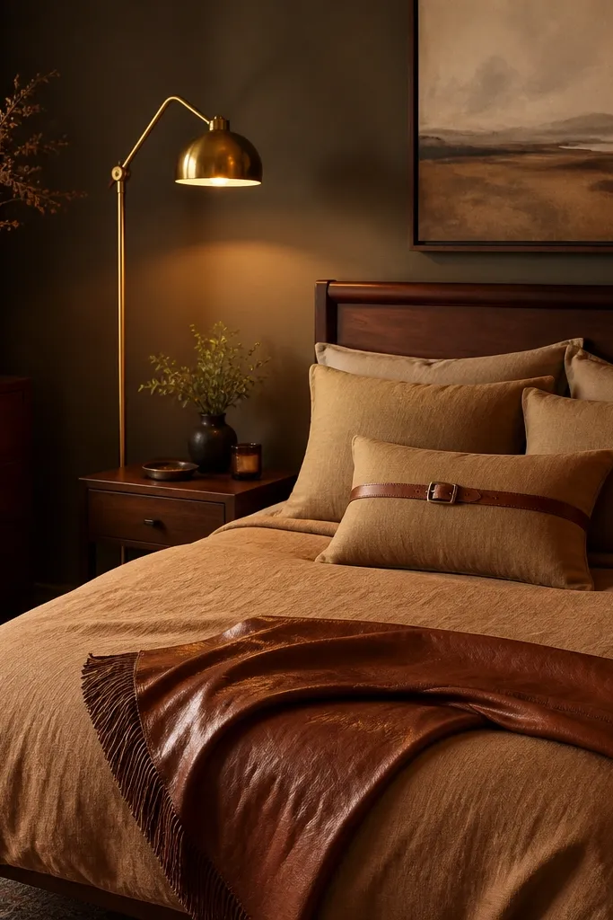 A warm brown bedroom with a caramel-toned duvet, tan pillows, a cognac leather throw blanket folded at the foot, a leather belt-style accent on a pillow, and warm wood furniture; the lighting is amber warm from a brass floor lamp.