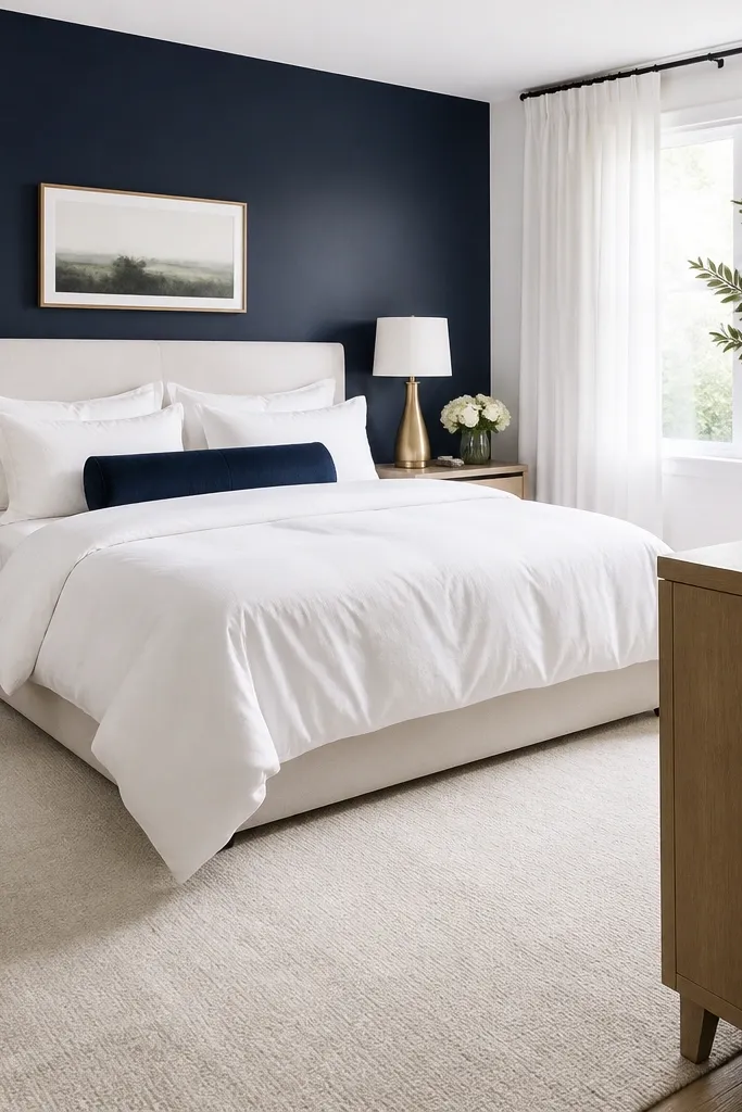 A bedroom with a navy accent wall behind the bed, crisp white duvet, white pillows, a single navy bolster pillow, brass bedside lamp bases, and a light oak dresser; a large cream rug covers most of the floor; curtains are white linen blend.