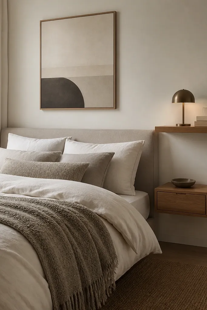 A bedroom with a simple bed and a floating shelf on the wall next to the headboard holding a small lamp, a book stack, and a tiny plant; the nightstand is wall-mounted or minimal; bedding is neutral with a textured throw.