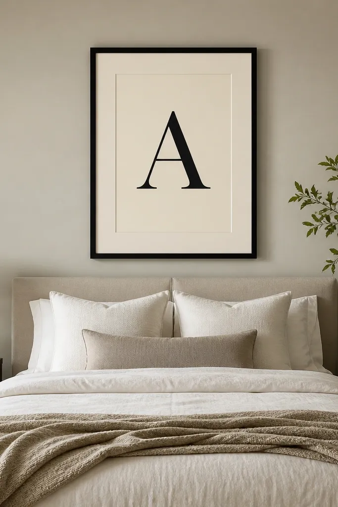 A bedroom wall with one large framed print showing a single letter initial in a simple serif style; the frame is black, the mat is cream, and the art is hung centered above the bed; bedding is neutral with a subtle textured throw.