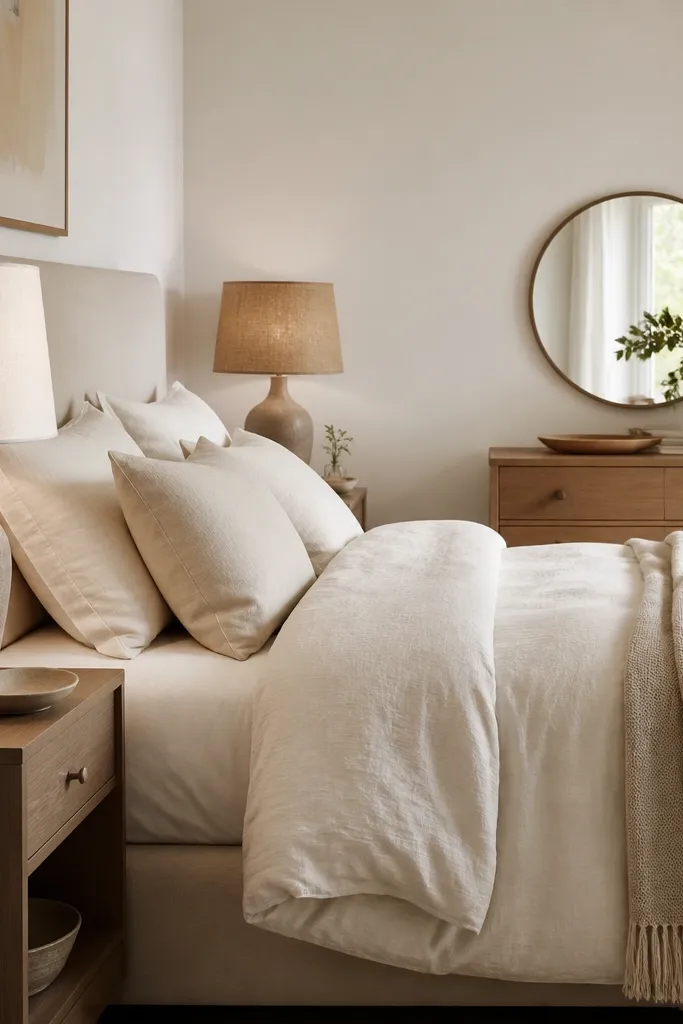 A bedroom with two bedside lamps that have matching bases but different shade textures: one linen shade and one woven fabric shade; the bed has cream bedding and a soft throw; walls are warm white; a small round mirror sits above a dresser.