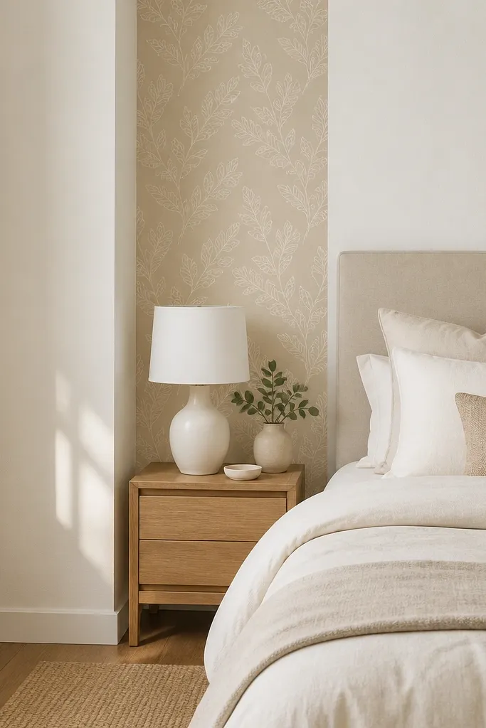 A bedroom wall with a small peel-and-stick wallpaper panel behind the nightstand, featuring a subtle botanical line pattern in beige and cream; the bed is neutral; a simple white lamp sits on the nightstand; the rest of the walls are warm white.