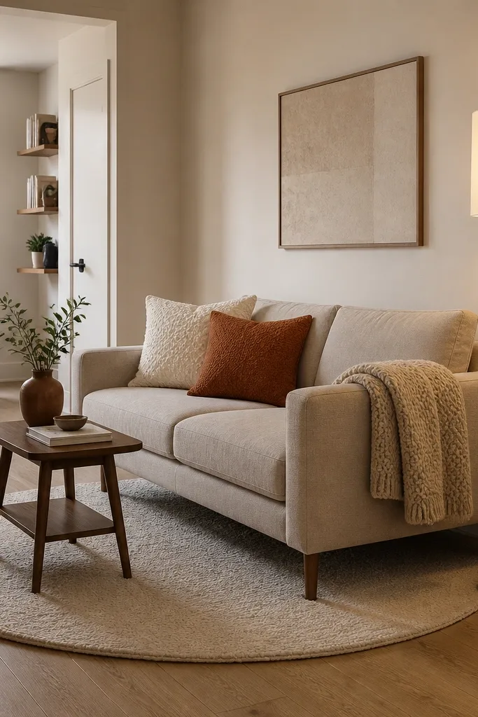 A small apartment living room with a light oak floor. A slim, light-beige sofa sits on a round cream rug. A small walnut side table fits beside the sofa, and a floor lamp with a white linen shade glows near the rug edge. There are two textured throw pillows in cream and clay, plus a chunky knit throw folded on the sofa arm.