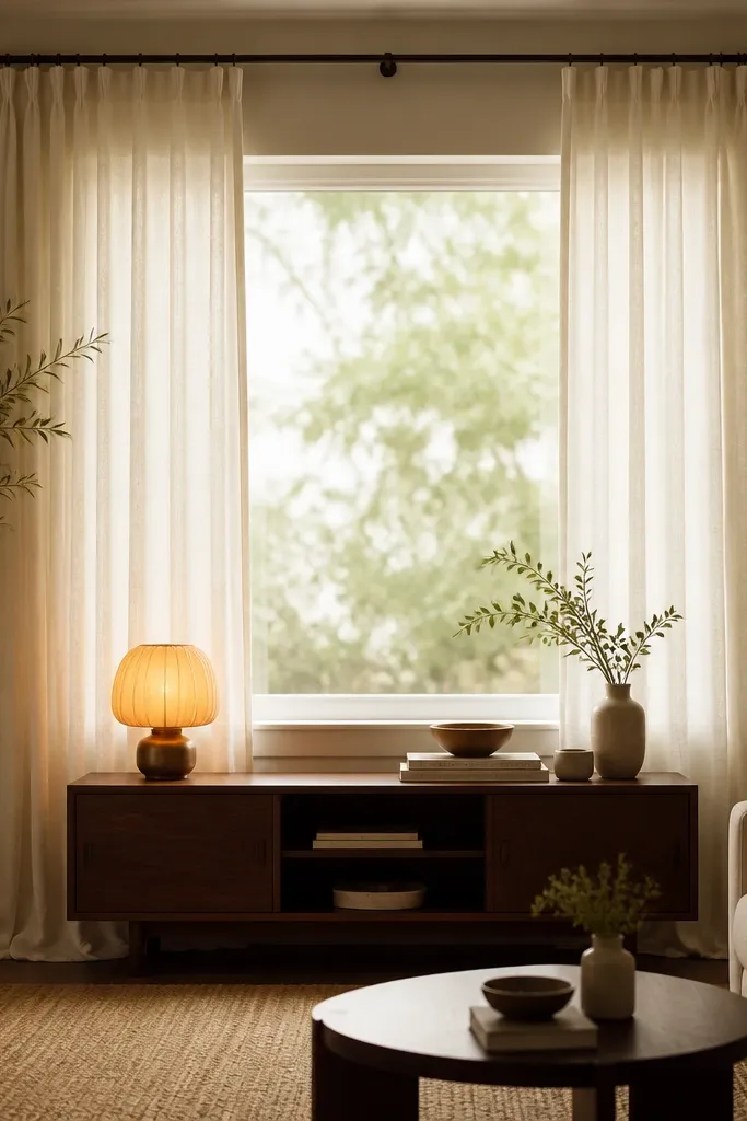 A cozy apartment living room with a large window covered by warm off-white curtains. The curtain rod is mounted wider than the window frame, with panels pooling just slightly on the floor. A mustard and cream cushion sits on a small sofa, and a dark wood media console is centered under the window. A soft amber table lamp sits on the console.