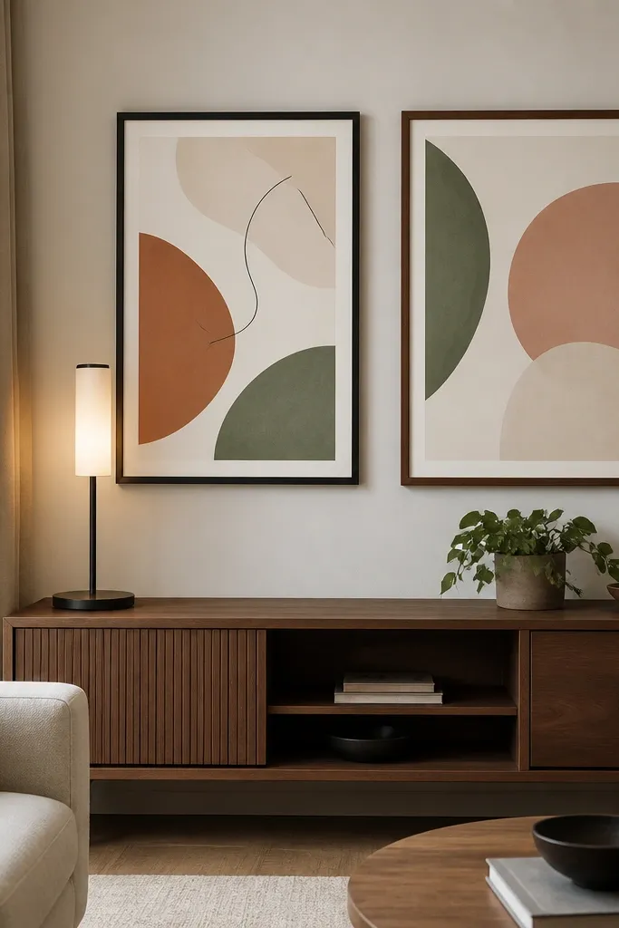 A small living room wall with two framed prints arranged above a low media console. The frames are in matte black and a warm walnut finish. The prints show soft abstract shapes in cream, terracotta, and sage. A small plant sits on the console, and a thin table lamp glows on the left side.