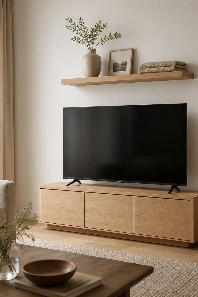 An apartment living room with a low, light-oak media console under a TV. Above it, a floating shelf holds a ceramic vase, a small picture frame, and a folded knit throw. The wall is painted warm white. A slim floor lamp stands to the side with a beige shade.