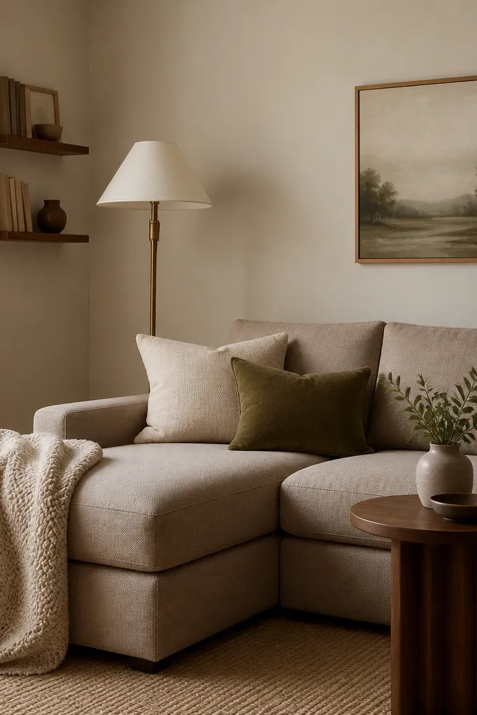 A small living room with a chaise sofa tucked into the corner. A round side table sits near the chaise end. There's a floor lamp with a white shade, a knit throw, and a couple of pillows in cream and olive. A small book ledge is mounted on the adjacent wall.